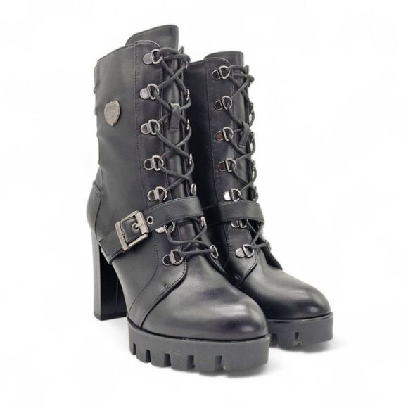 Milwaukee Women Milwaukee Women\'s Size 9 Black Lace Up Buckle Strap Block Heel Moto Boots
